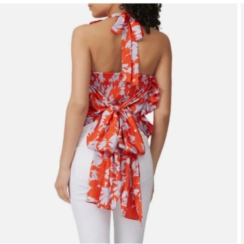J. Crew Orange Baby Blue Flounce Floral Halter Top Ruffles Size XS Bow Tie Back